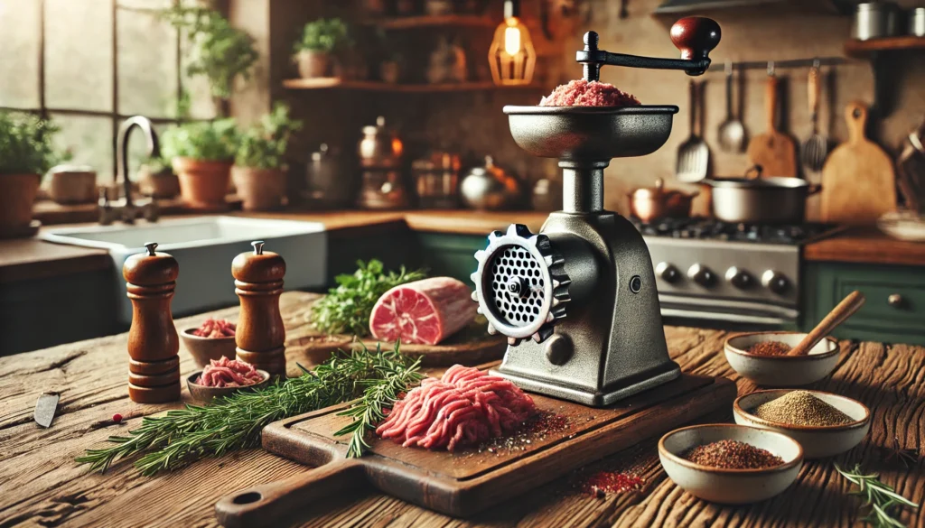 DALL·E 2024-12-18 20.34.19 - A stylish and visually appealing arrangement featuring a vintage meat grinder (manual meat mincer) placed on a rustic wooden kitchen countertop. The g